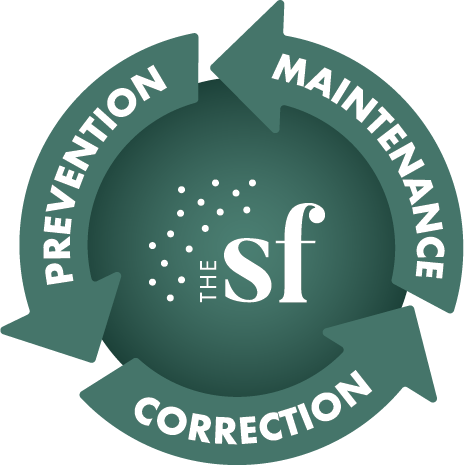 A circular logo with the words " prevention, maintenance and correction."